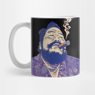 Puff Sumo: Smoking a Fat Robusto Cigar on a dark (Knocked Out) background Mug